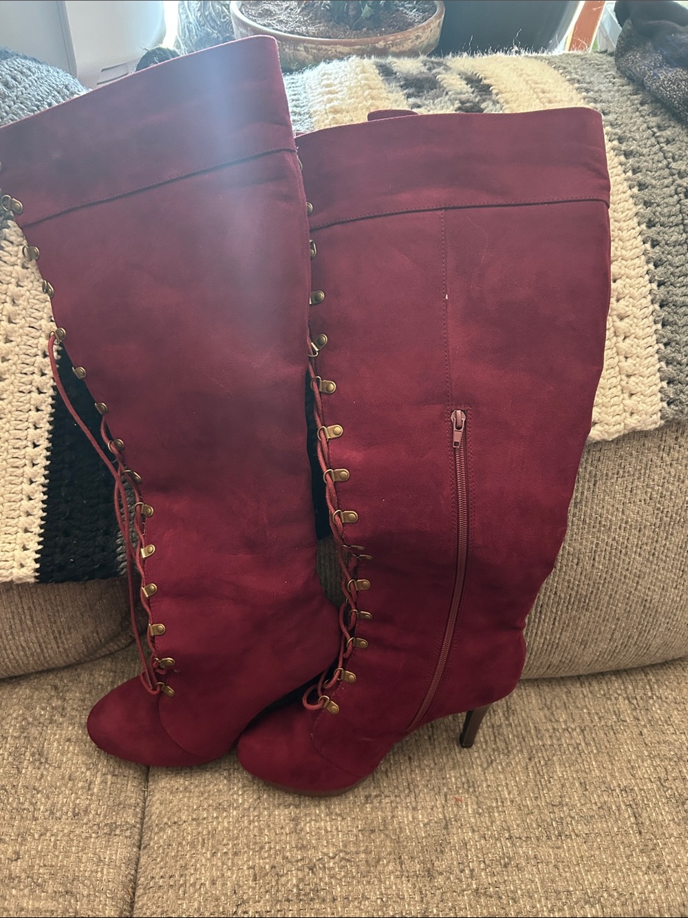 Over-the-Knee Lace-Up Boots in Burgundy